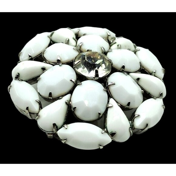 Vintage Rhinestone Brooch Opaque White and Clear Flower Pin Jewelry - Picture 5 of 10